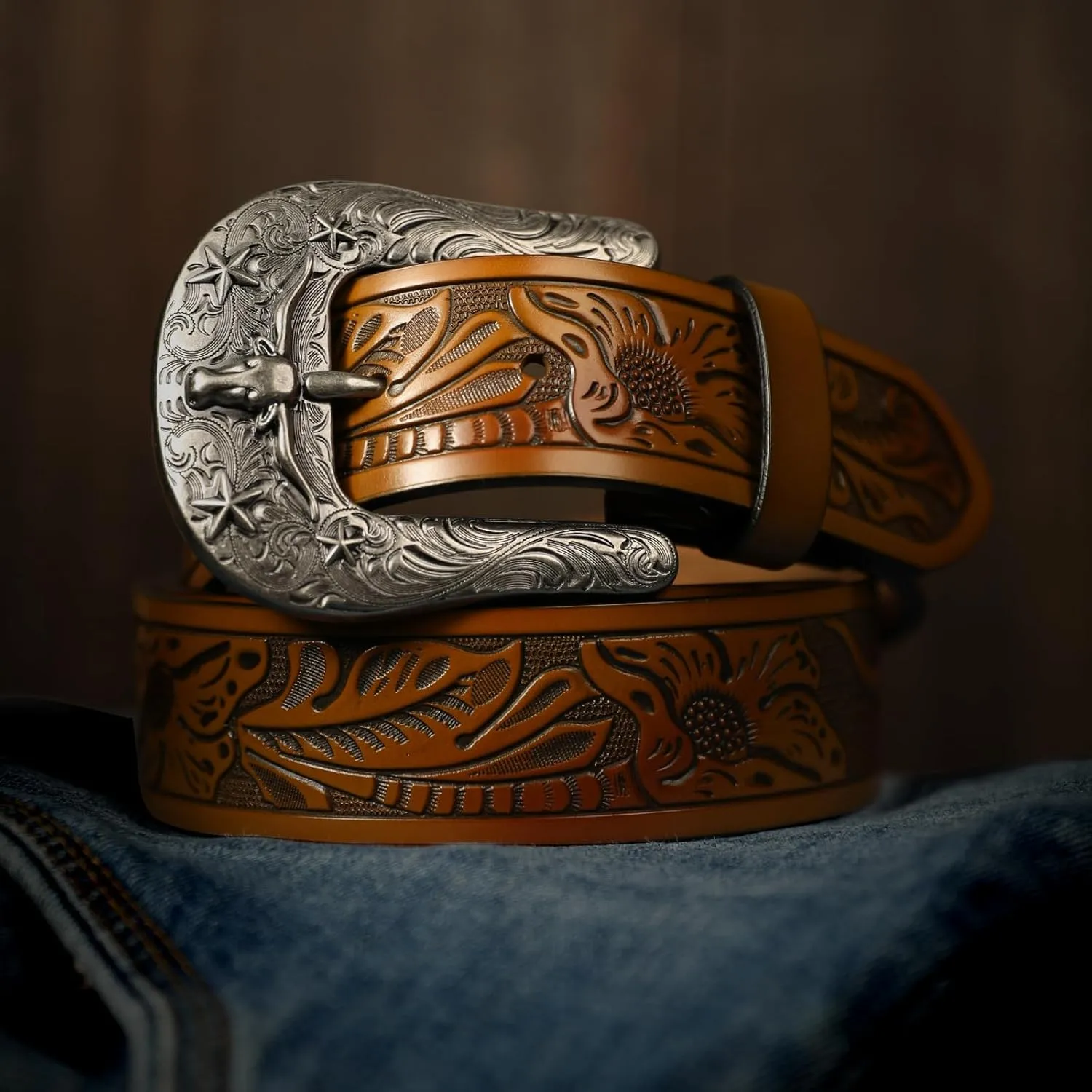 CHAOREN Leather Western Belt - 1.5" Cowboy Belts for Men - Vintage Engraved & Embossed Buckle