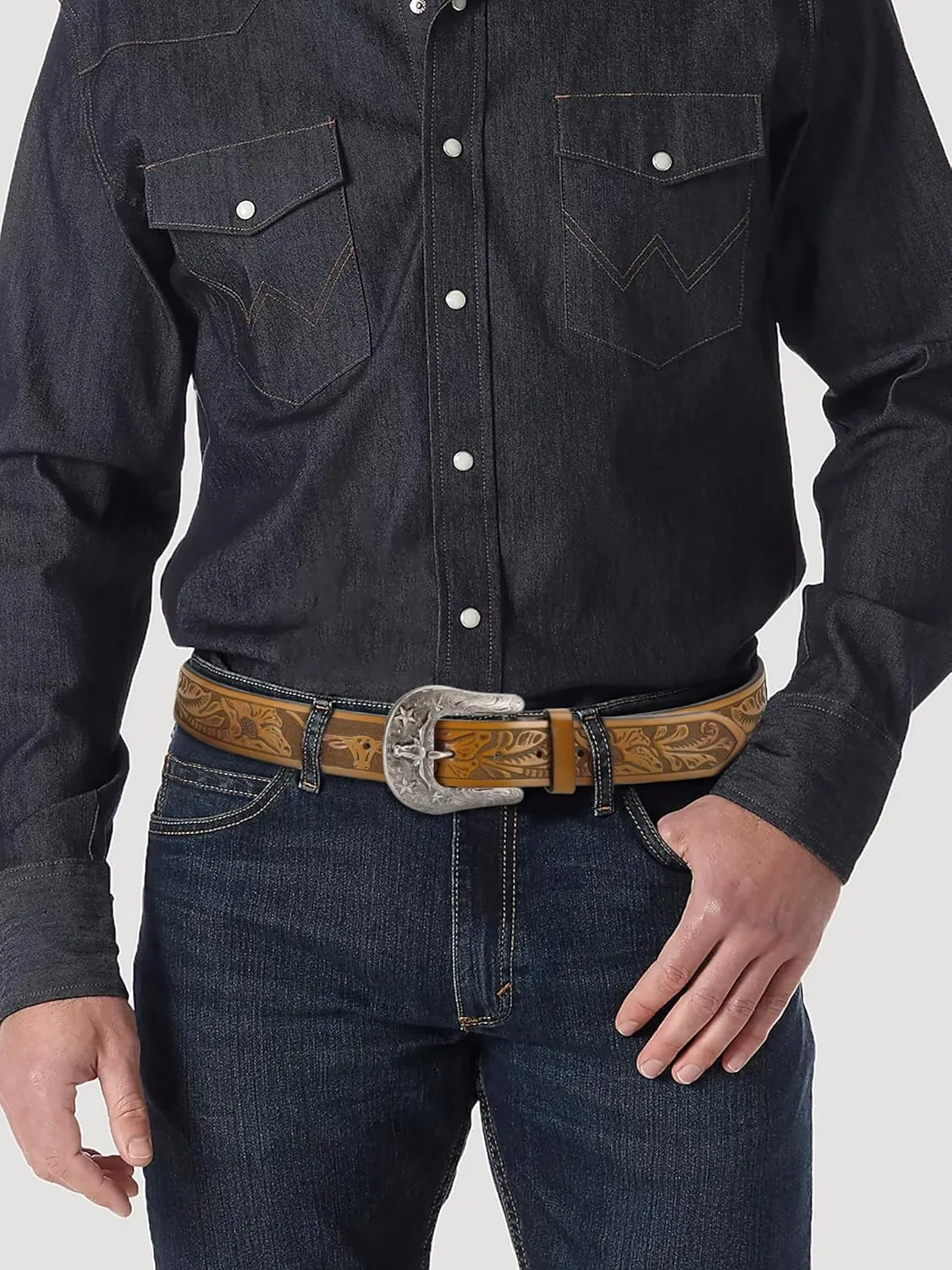 CHAOREN Leather Western Belt - 1.5" Cowboy Belts for Men - Vintage Engraved & Embossed Buckle