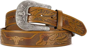 CHAOREN Leather Western Belt - 1.5" Cowboy Belts for Men - Vintage Engraved & Embossed Buckle