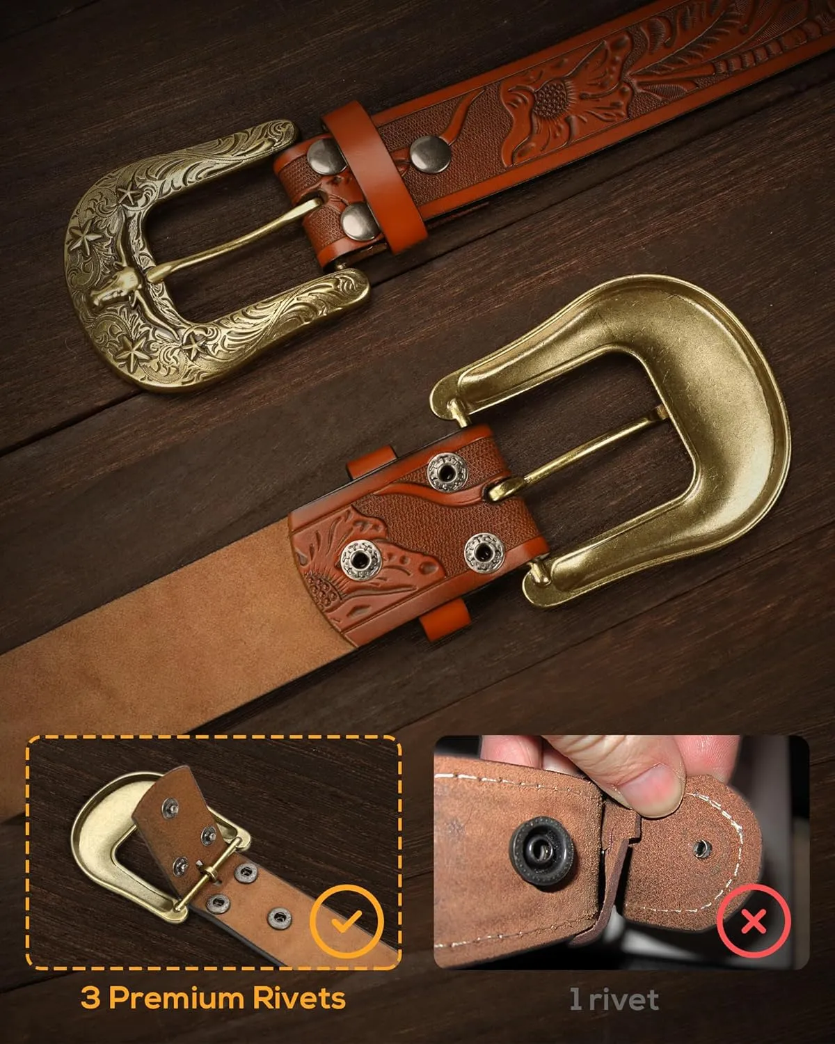 CHAOREN Leather Western Belt - 1.5" Cowboy Belts for Men - Vintage Engraved & Embossed Buckle