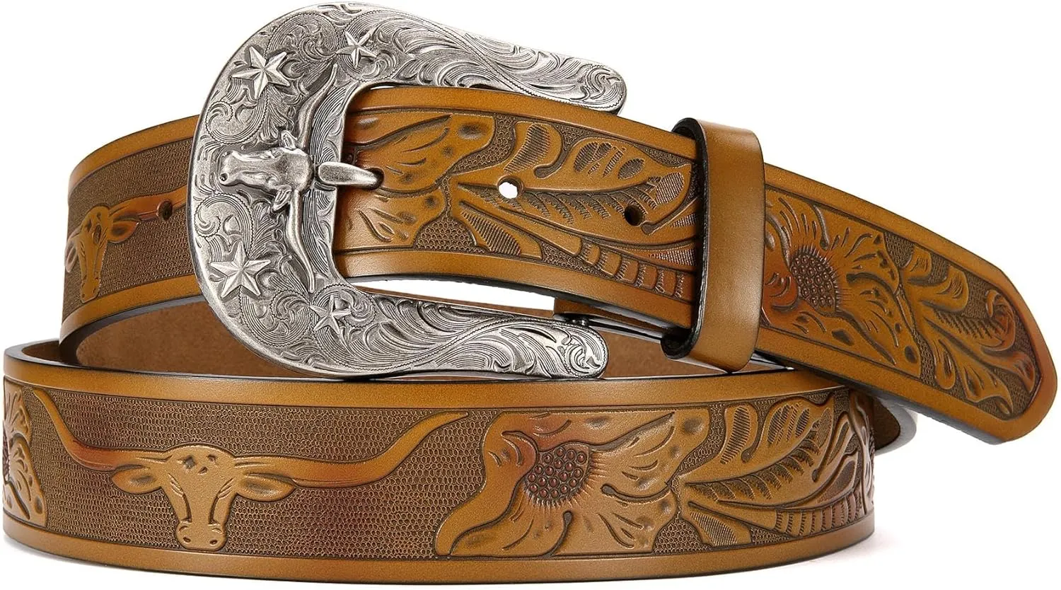 CHAOREN Leather Western Belt - 1.5" Cowboy Belts for Men - Vintage Engraved & Embossed Buckle