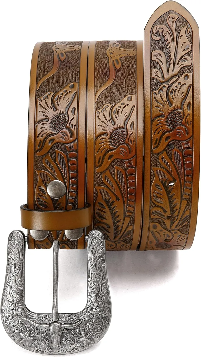CHAOREN Leather Western Belt - 1.5" Cowboy Belts for Men - Vintage Engraved & Embossed Buckle