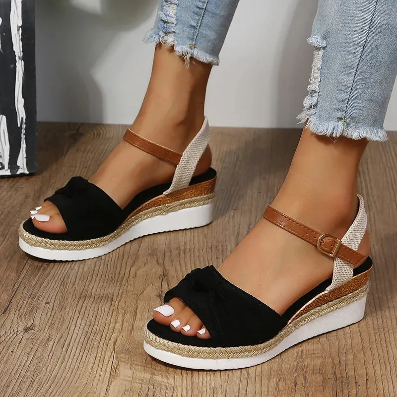 Hnzxzm Summer Mix Color Platform Sandals Women Comfort Med Heels Espadrille Shoes Woman Ankle Buckle Wedges Sandalias