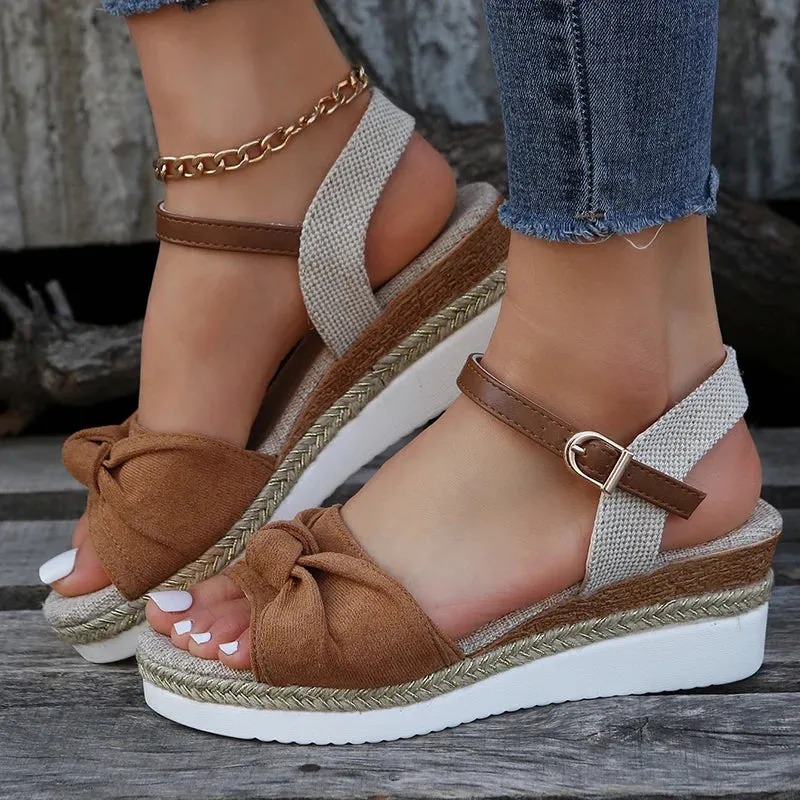 Hnzxzm Summer Mix Color Platform Sandals Women Comfort Med Heels Espadrille Shoes Woman Ankle Buckle Wedges Sandalias