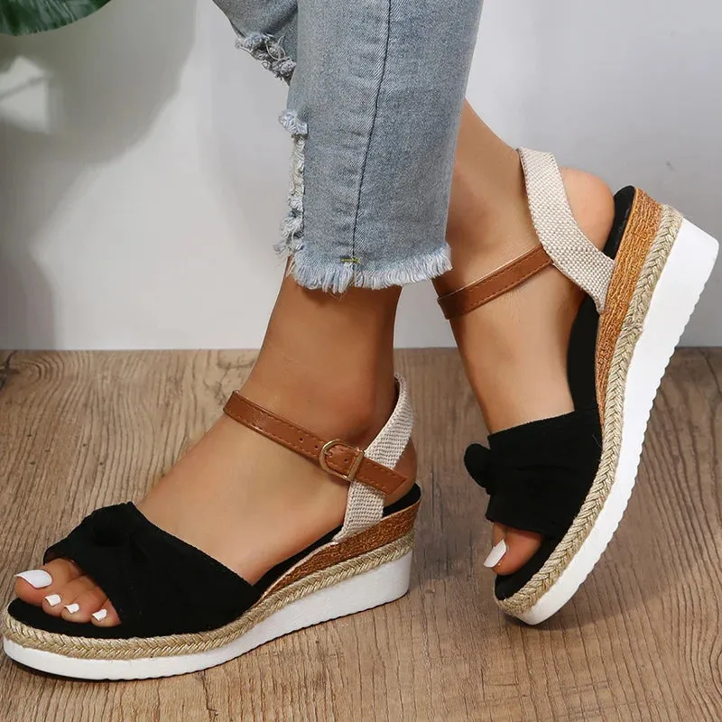 Hnzxzm Summer Mix Color Platform Sandals Women Comfort Med Heels Espadrille Shoes Woman Ankle Buckle Wedges Sandalias
