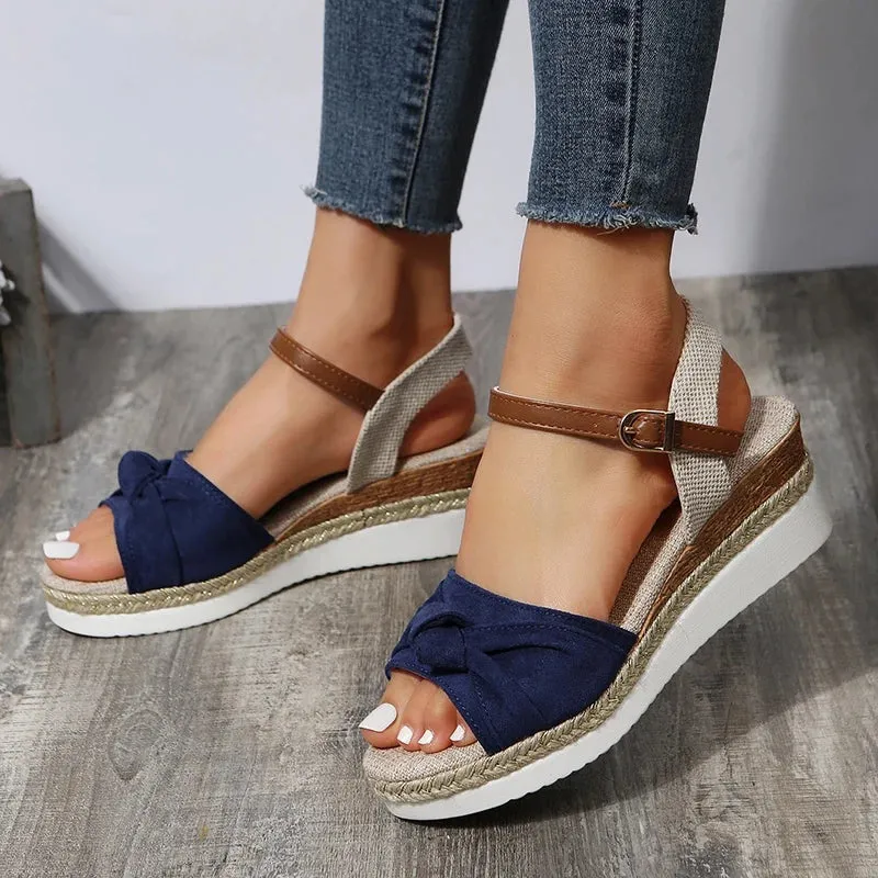 Hnzxzm Summer Mix Color Platform Sandals Women Comfort Med Heels Espadrille Shoes Woman Ankle Buckle Wedges Sandalias