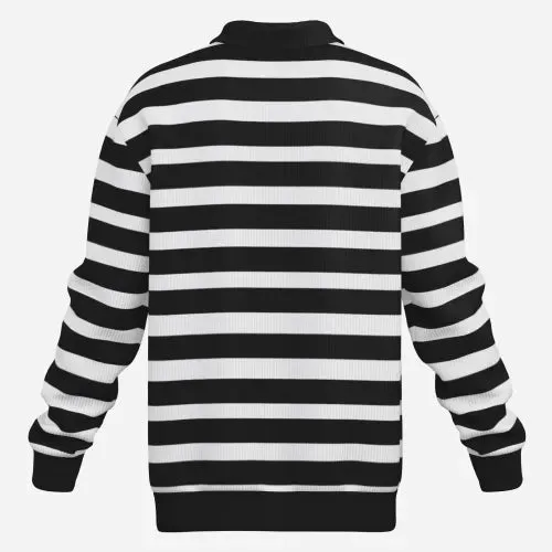 Men's Black and White Stripe Knit Polo Shirt | 90s Inspired Long Sleeve Polo Shirt