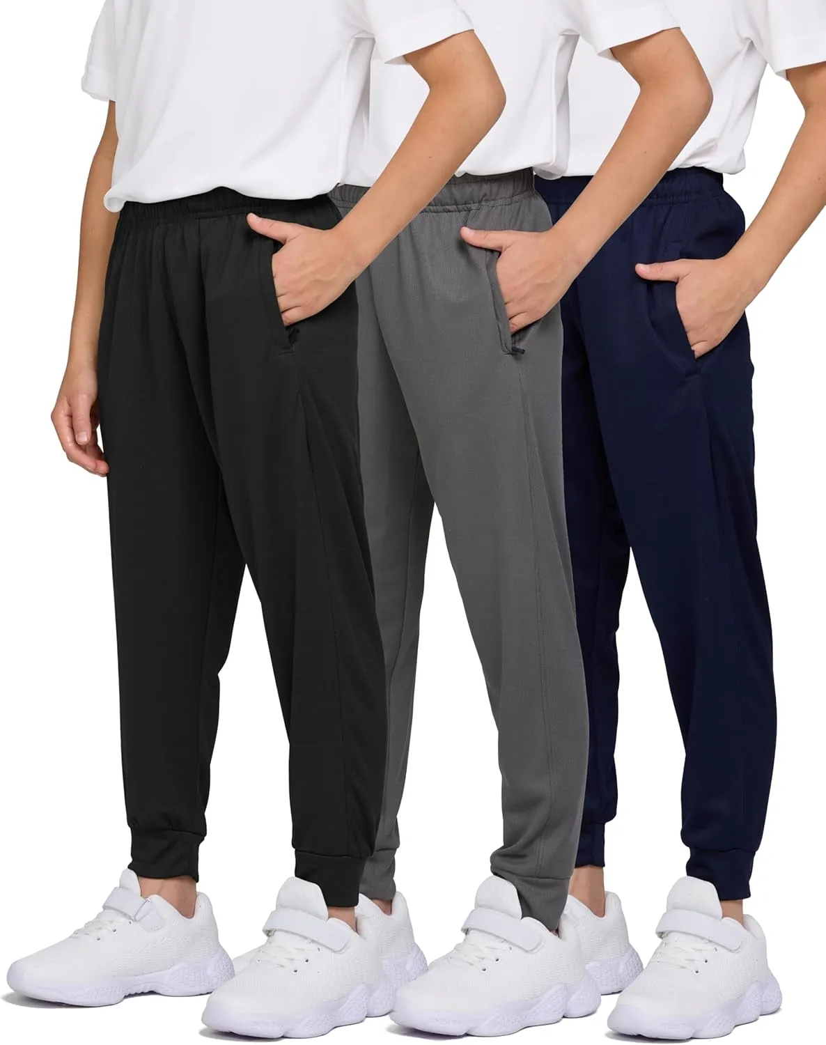 PURE CHAMP 3 Pack Boys Sweatpants Mesh Lightweight Kids Clothes with Zipper Pockets Active Quick-Dry Boys Pants Sizes 4-20