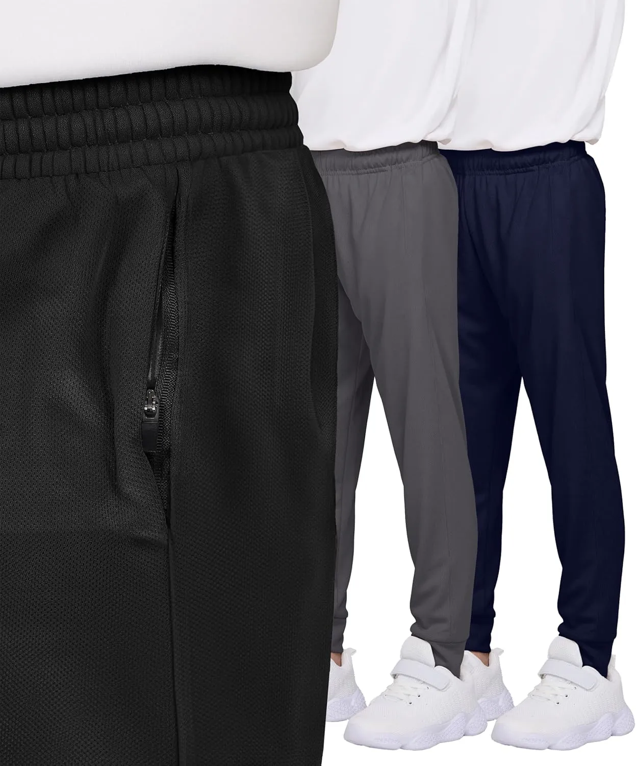 PURE CHAMP 3 Pack Boys Sweatpants Mesh Lightweight Kids Clothes with Zipper Pockets Active Quick-Dry Boys Pants Sizes 4-20