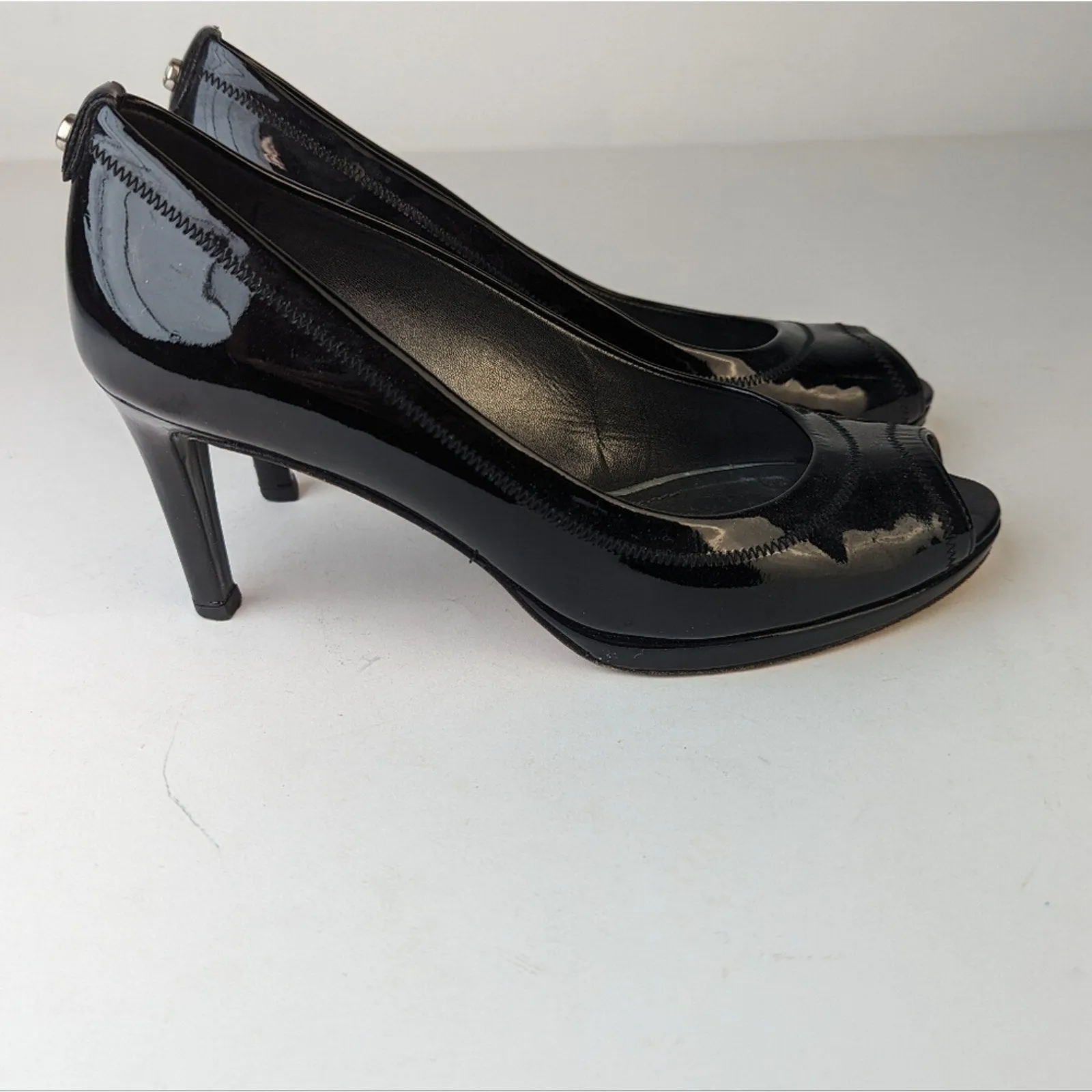 Stuart Weitzman Black Patent Leather Peep Toe Heels - 8