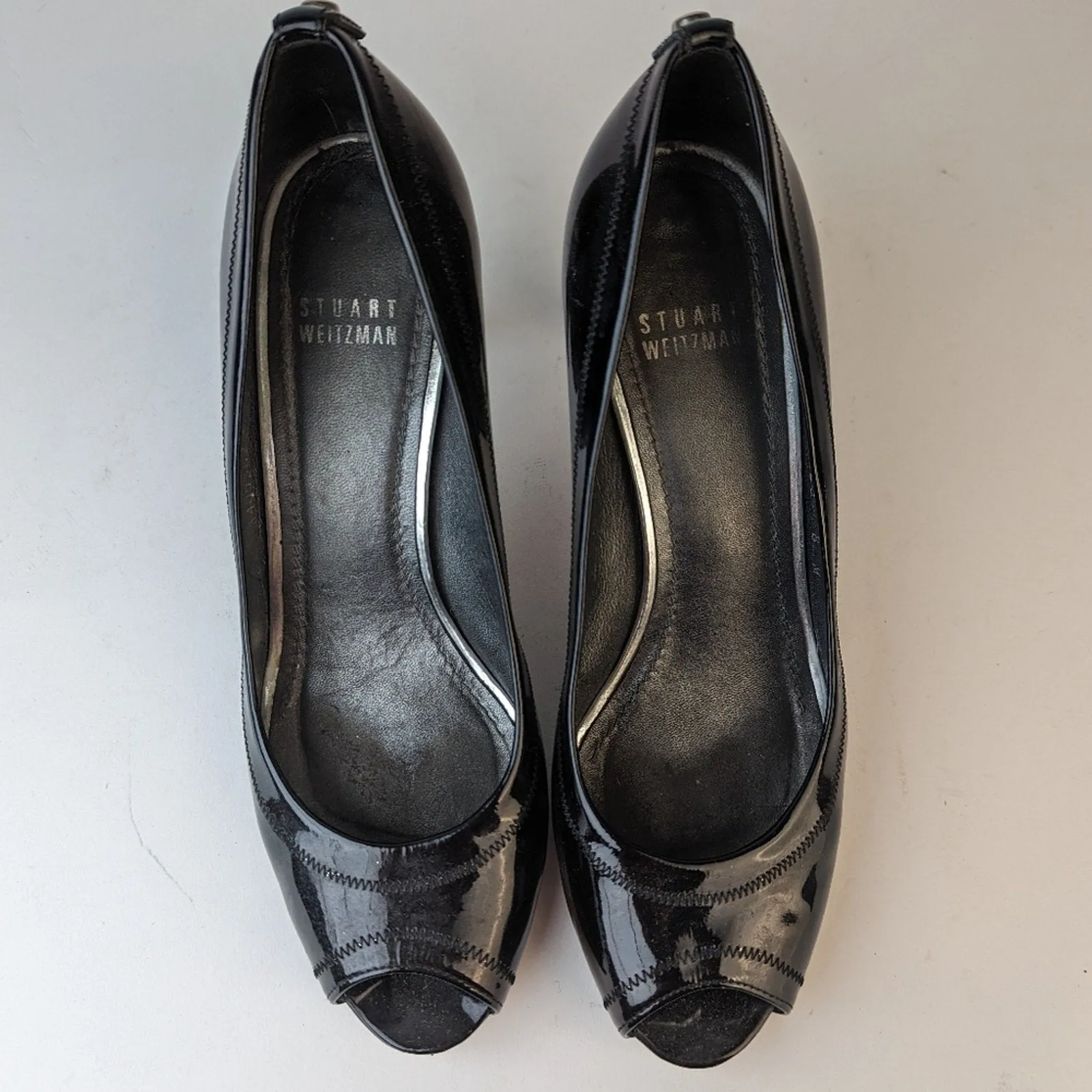Stuart Weitzman Black Patent Leather Peep Toe Heels - 8