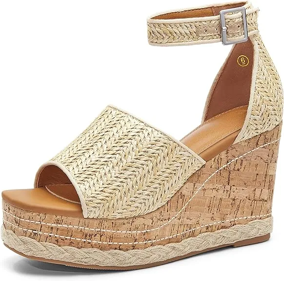 Summer Pink Ankle Strap Cork Sole Wedge Sandals